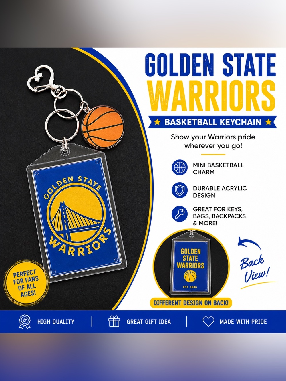 Golden State Warriors Keychain includes Heart Shape Silver‎ Medal Spring.